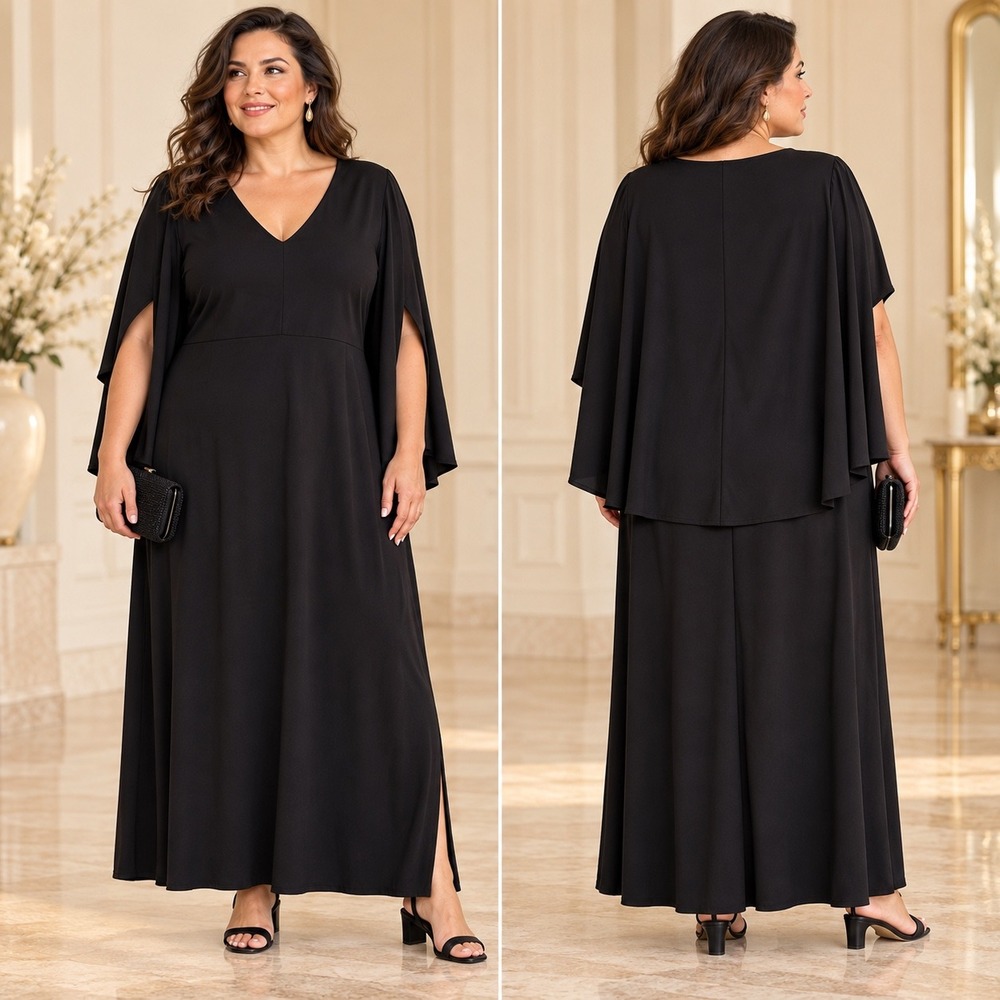 ELOQUII Black Cape Sleeve Maxi Dress 14/16 Formal Wedding Guest